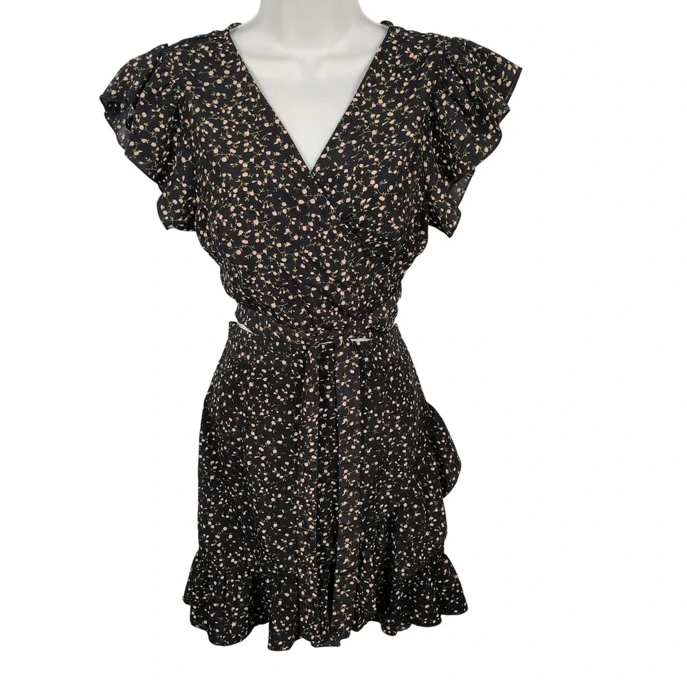 Womens  L 2 Piece Set Black Pink Floral Ruffle Wrap Top Mini Skirt Boho romantic